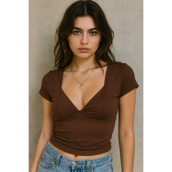 Qinsen Babydoll Top Women's XS Chocolate Brown Stretch Mochacore Retro Y2K - Picture 1 of 8